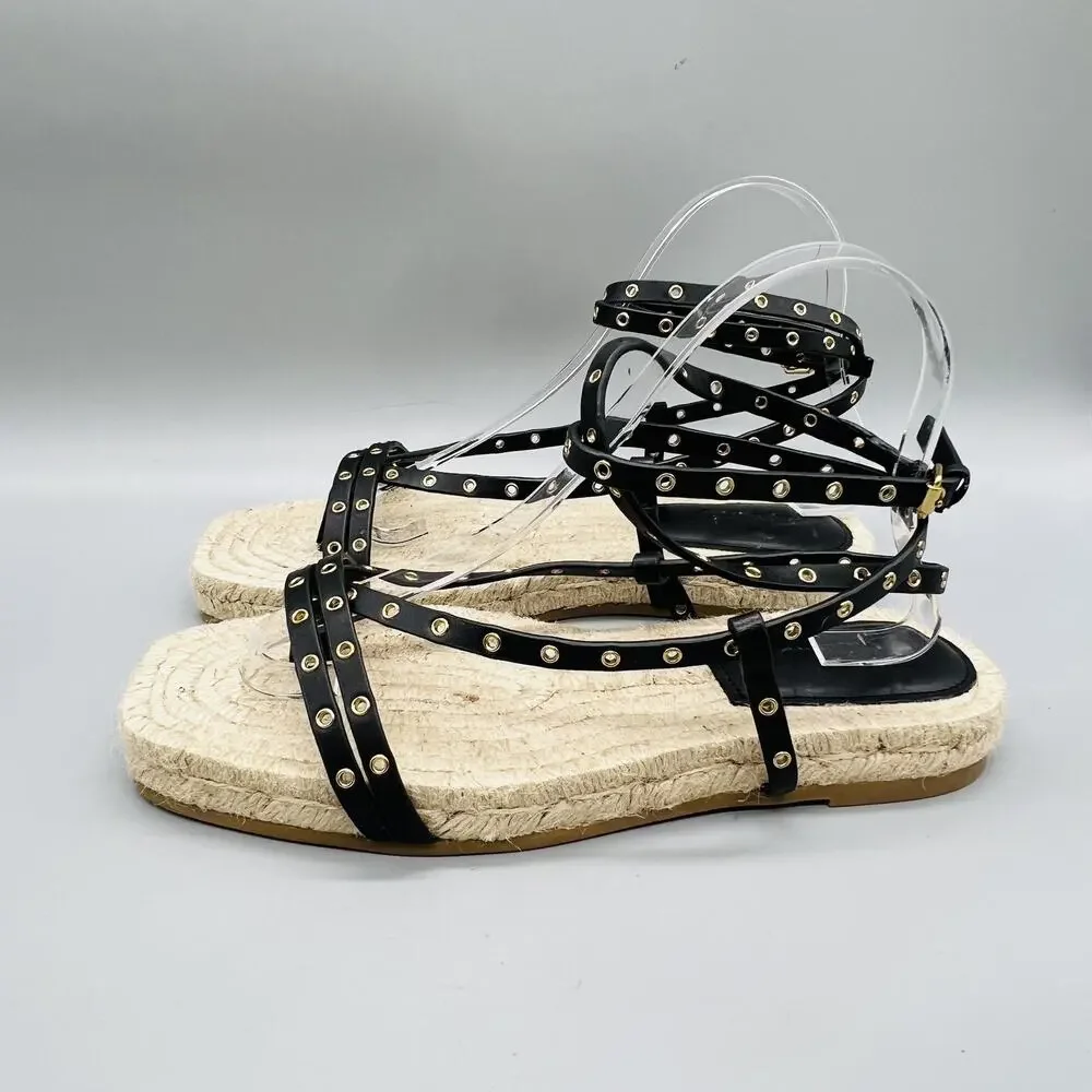 Madewell Sandals Womens 8 Black Leather Studded Strappy Thong Espadrille Shoes